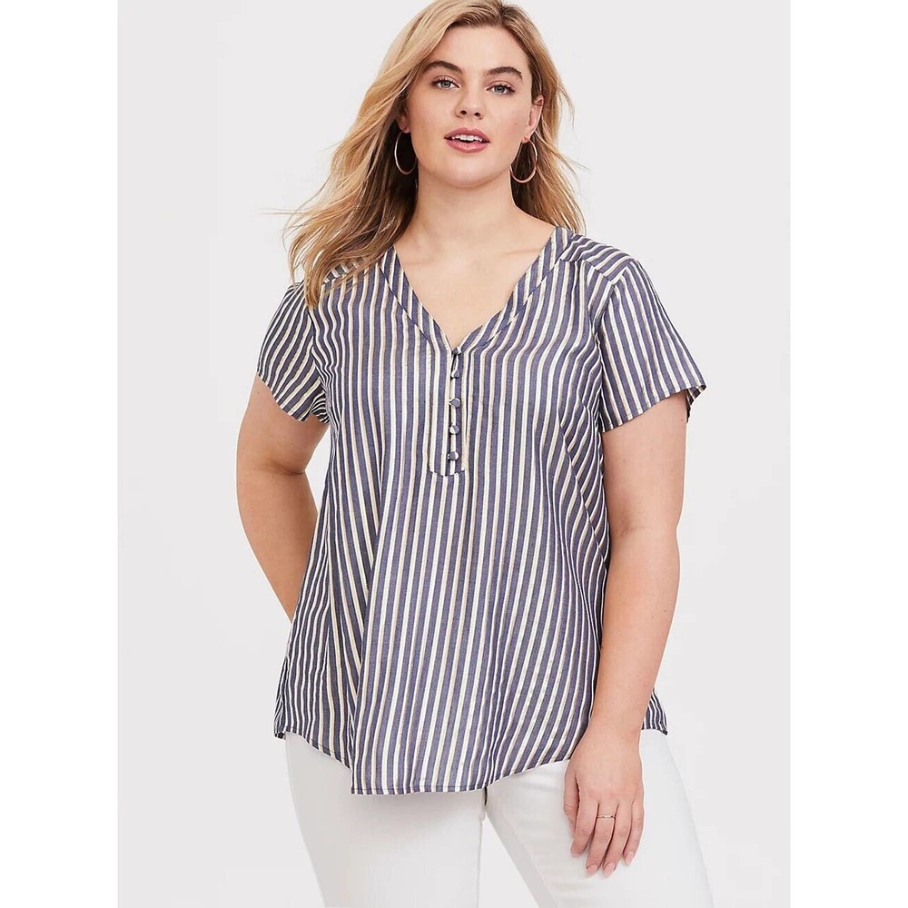 Torrid Gold Lurex Stripe Blouse Blue White Shirt Short Sleeve Top Plus Size 4X